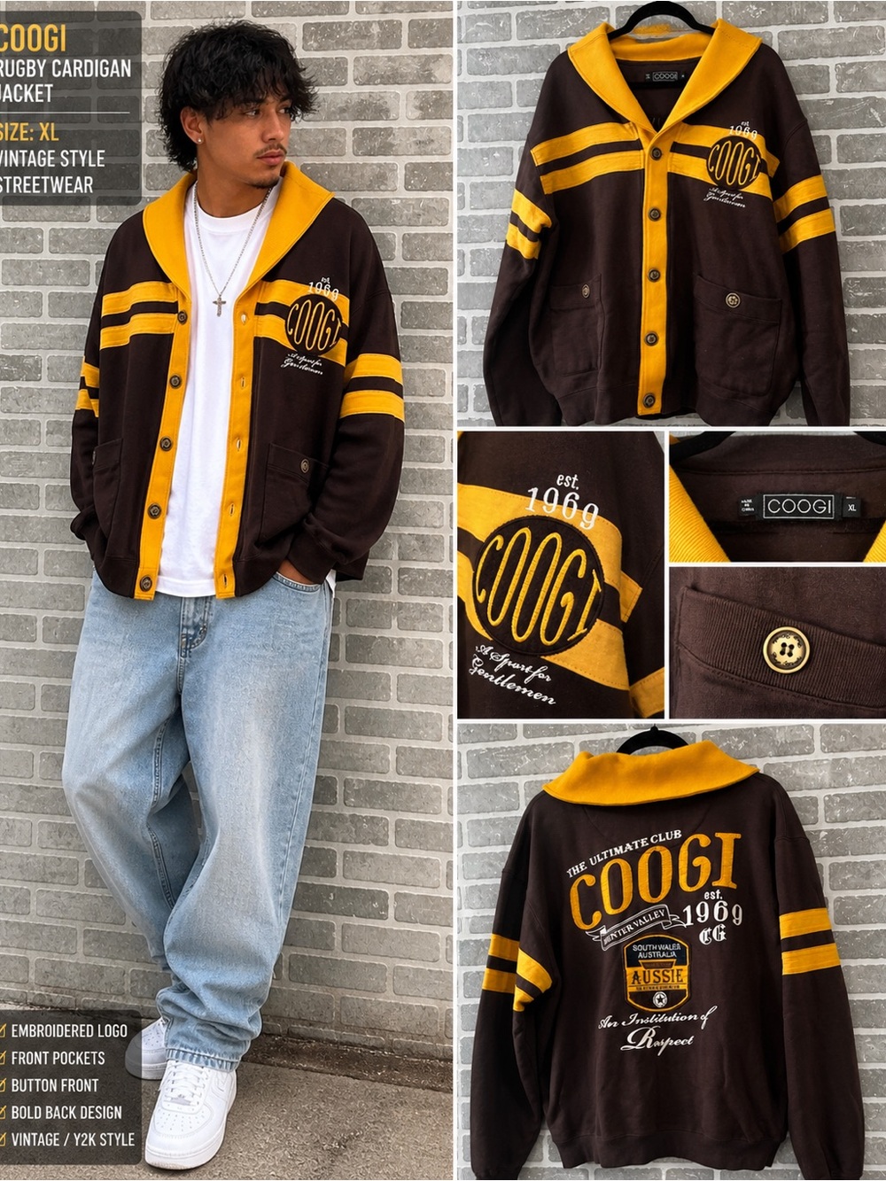 Coogi Australia Cardigan Varsity Sweater Size XL Brown Gold Est.1969